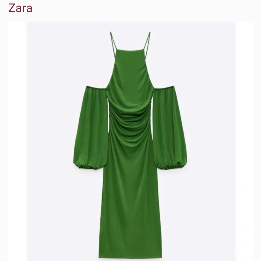 ZARA Green Long Ruched Bell Sleeve Dress